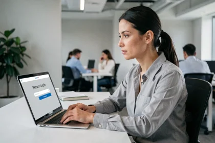 Femme en bureau accédant à un portail de connexion sécurisé sur ordinateur portable avec message d'erreur de mot de passe