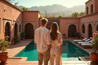 Couple en tenue décontractée observant la villa avec piscine depuis la terrasse d'un riad traditionnel à Marrakech