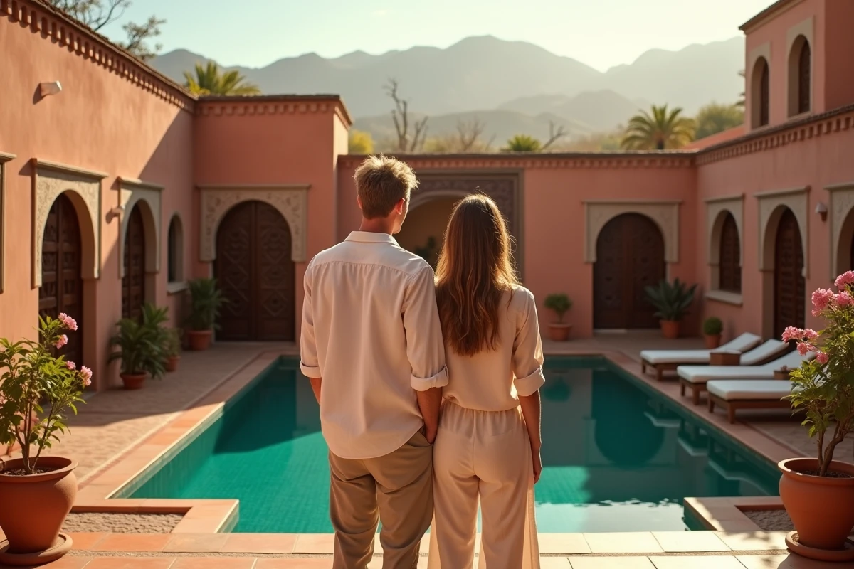 Couple en tenue décontractée observant la villa avec piscine depuis la terrasse d'un riad traditionnel à Marrakech