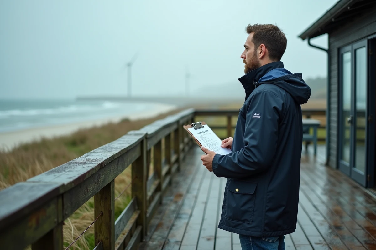 Acheteur évaluant l'état d'une terrasse dégradée d'une maison en bord de mer en Normandie