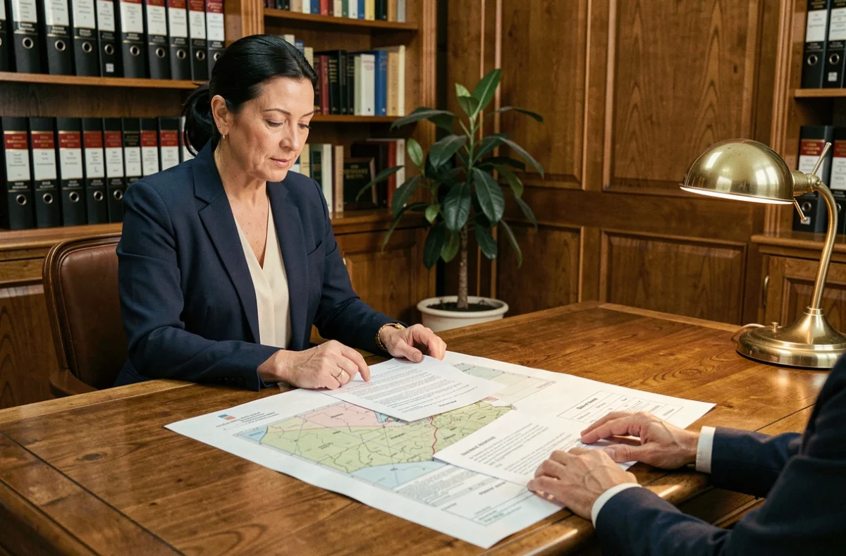 Signature d'acte de vente de terrain avec mobil-home chez un notaire, avec documents cadastraux