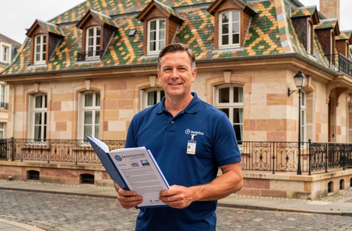Diagnostiqueur immobilier certifié devant une maison bourguignonne aux toits vernissés à Dijon