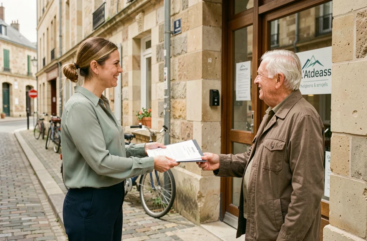 Agente de L'Adresse Orléans remettant un dossier de gestion locative à un propriétaire devant l'agence de proximité