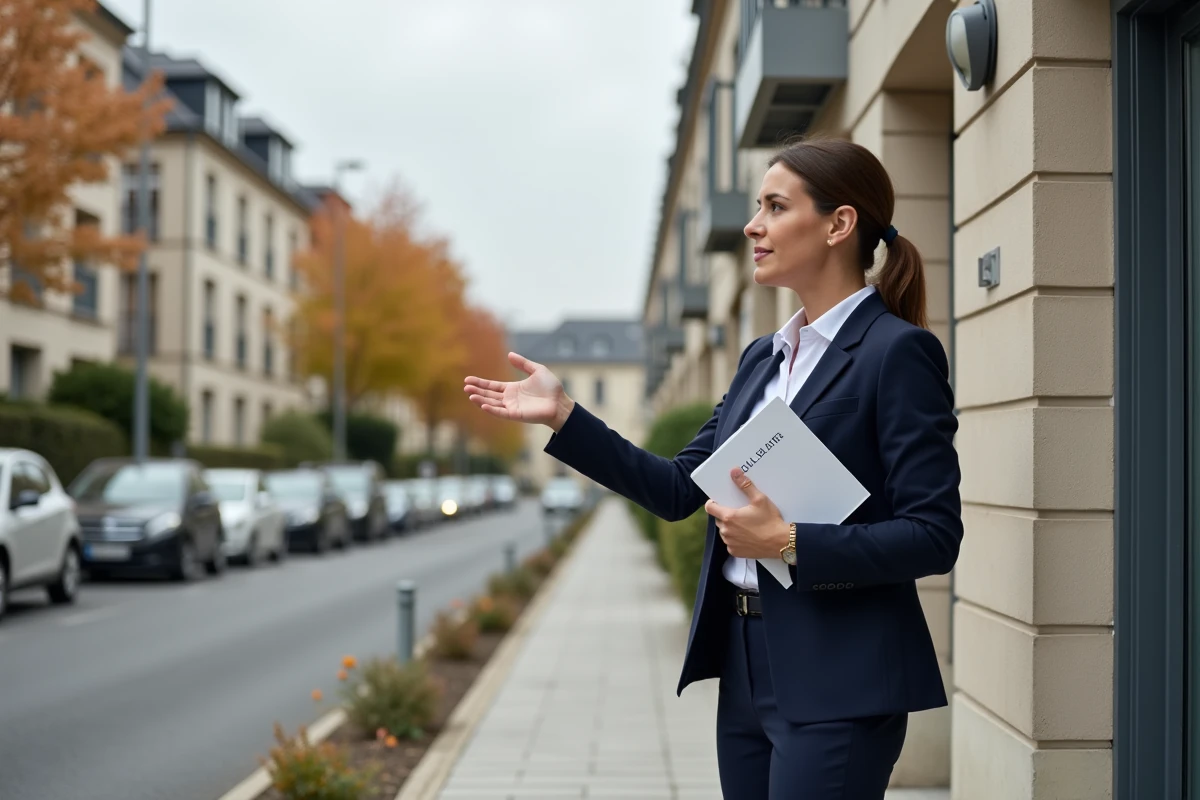 Agent immobilier devant la façade d'une résidence moderne à La Roche-sur-Yon proposant des studios Locama, architecture contemporaine vendéenne