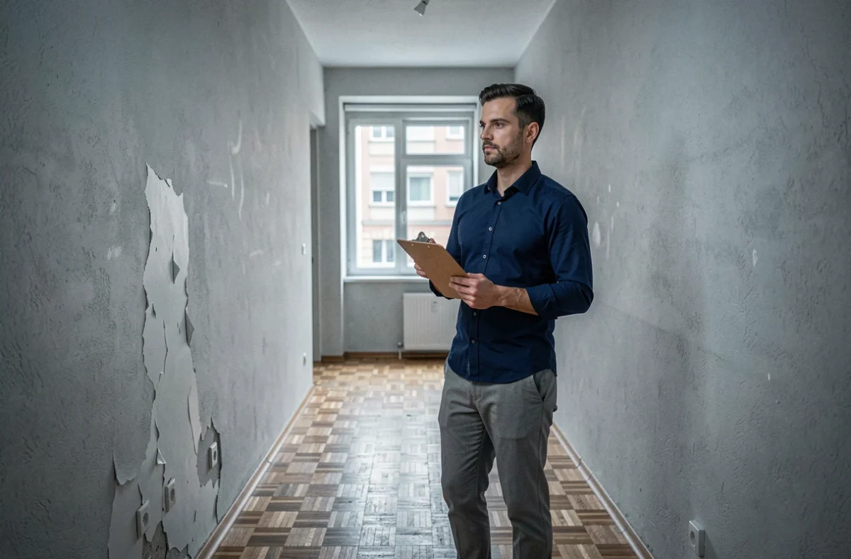 Agent immobilier inspectant un appartement locatif vide pour évaluer les besoins en assurance propriétaire non-occupant