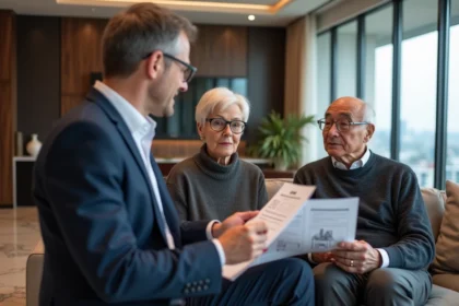 Agent immobilier avec couple dans un salon élégant