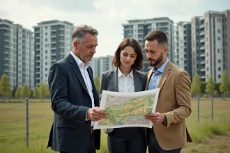 Agent immobilier avec couple sur terrain urbain en discussion