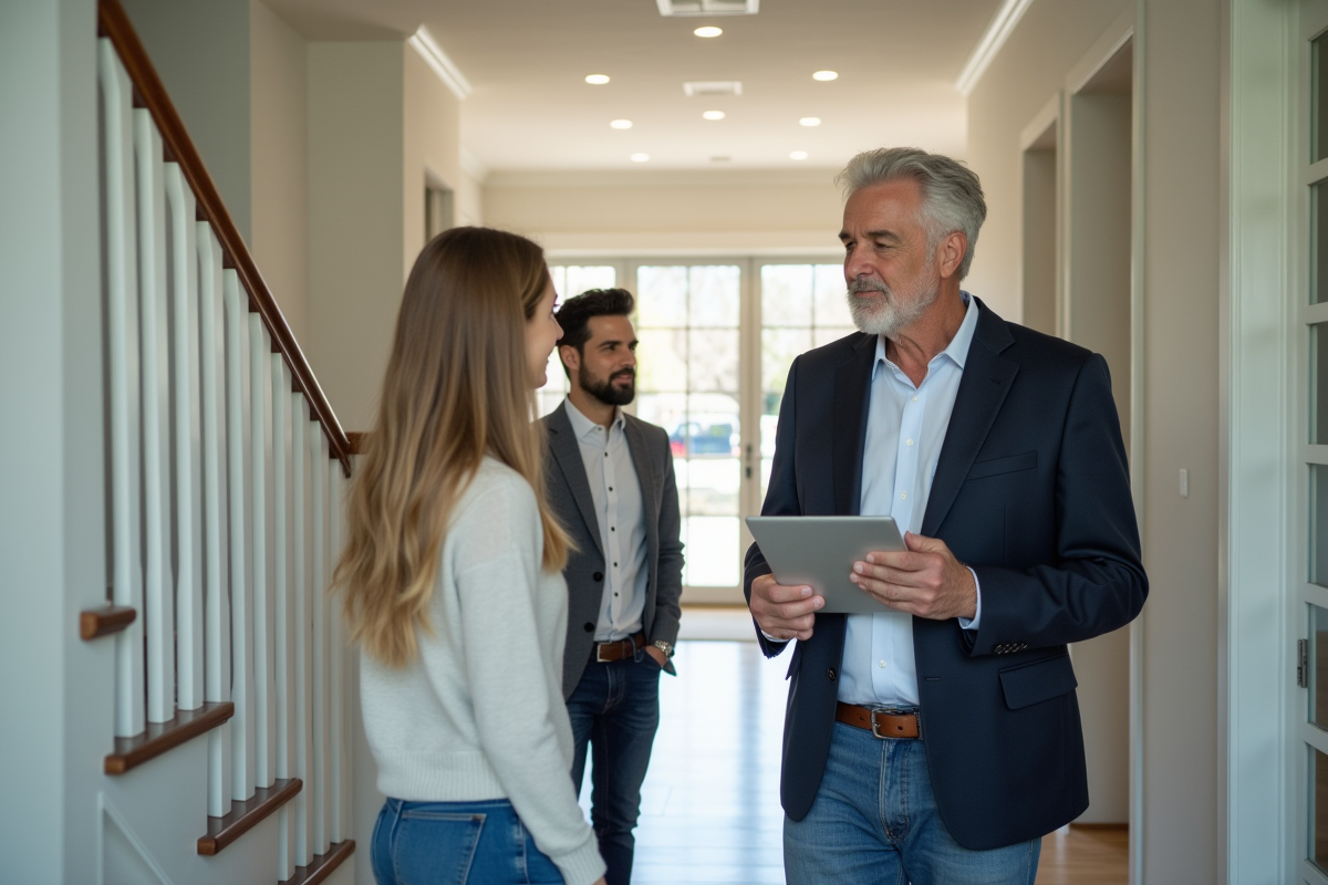 Agent immobilier parlant avec un couple dans un couloir moderne