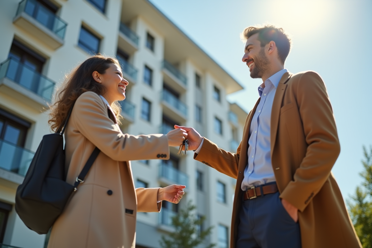 Agent immobilier remettant les clés à un couple devant un immeuble