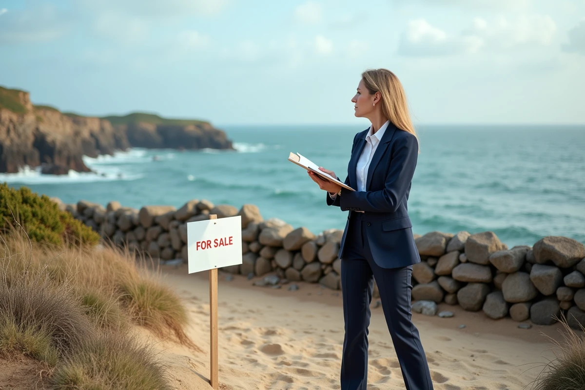 Agent immobilière sur un terrain côtier à vendre avec panneau de vente face à l'océan Atlantique