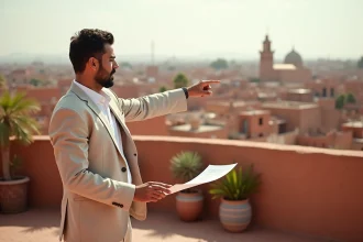 Agent immobilier marocain sur une terrasse de riad à Marrakech avec documents de vente appartement