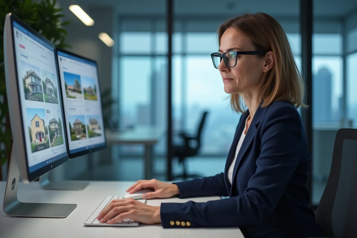 Femme agent immobilier testant un logiciel immobilier sur ordinateur dans une agence moderne