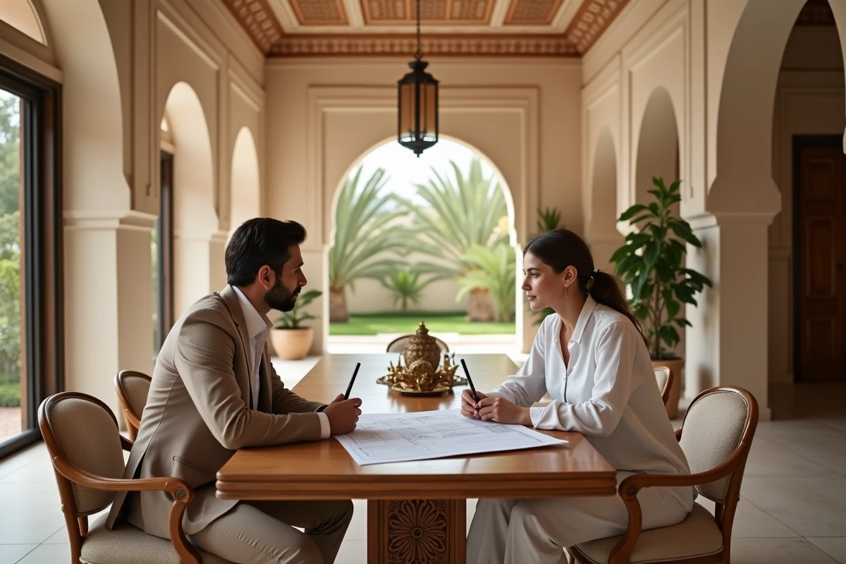 Agent immobilier marocain présentant des plans de villa à une investisseuse étrangère dans un salon de riad luxueux à Marrakech