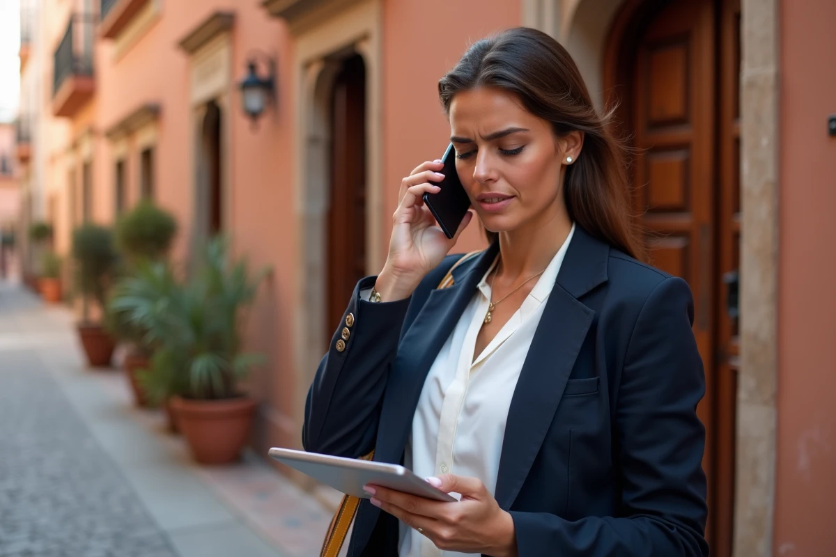 Agente immobilière à Marrakech devant un riad avec tablette affichant une erreur de prix de vente