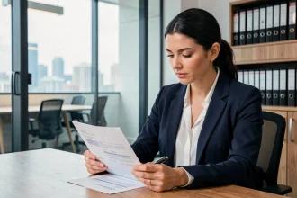 Agente immobilière consultant un contrat de bail meublé dans une agence moderne en zone tendue