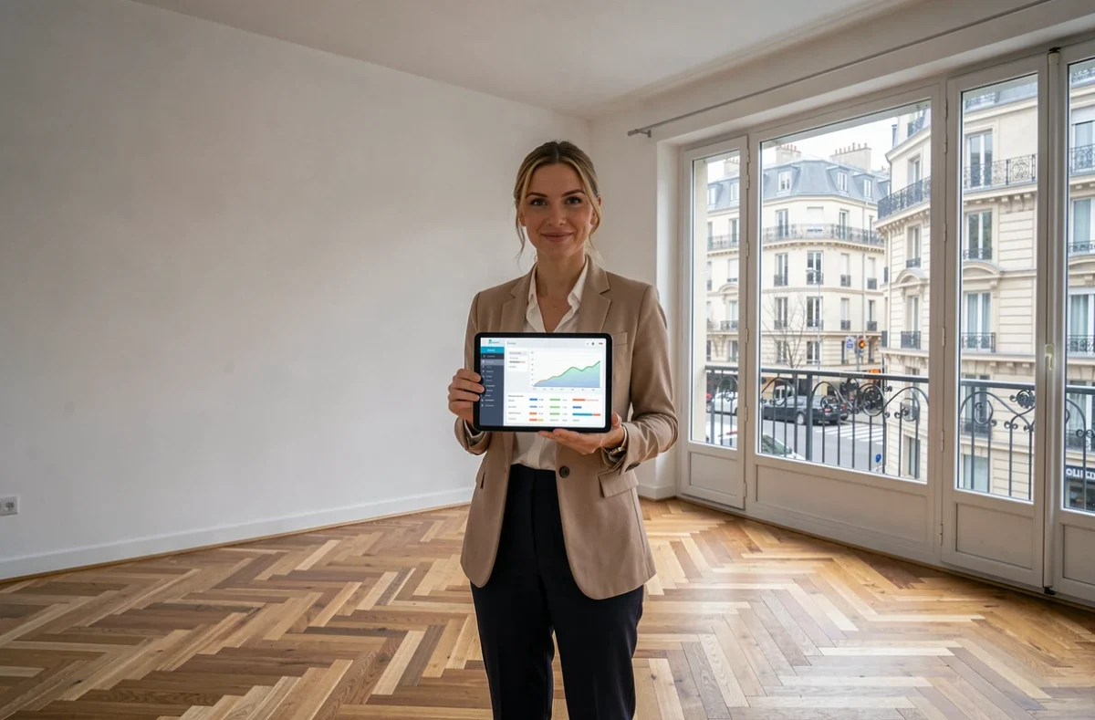 Agente immobilière présentant un tableau de bord de rentabilité locative dans un appartement de rapport rénové