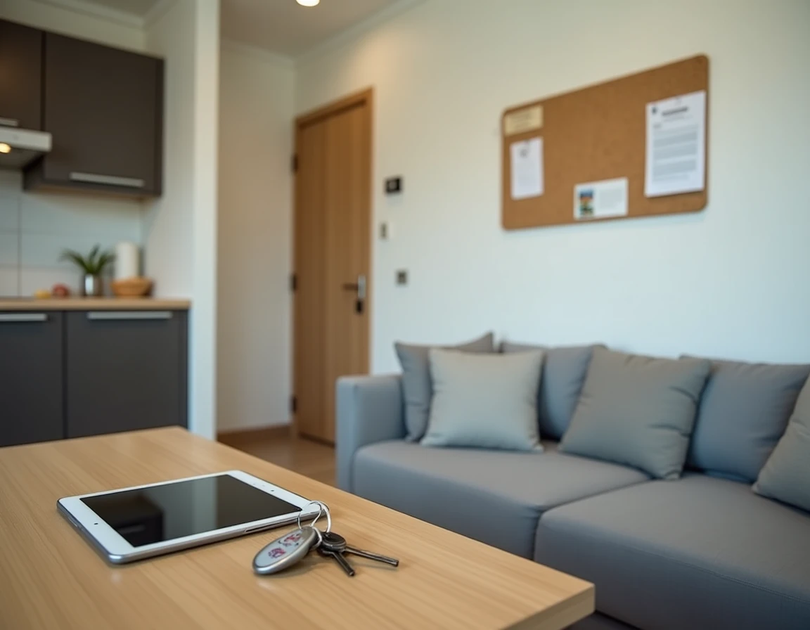 Appartement meublé tourisme avec documents administratifs et contraintes réglementaires visibles sur un tableau de liège