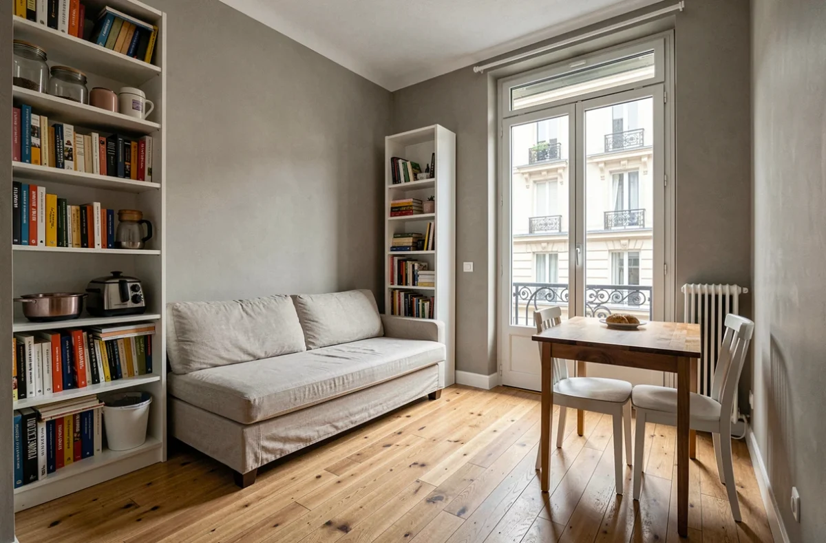 Intérieur d'un appartement meublé typique en zone tendue avec vue sur immeuble haussmannien