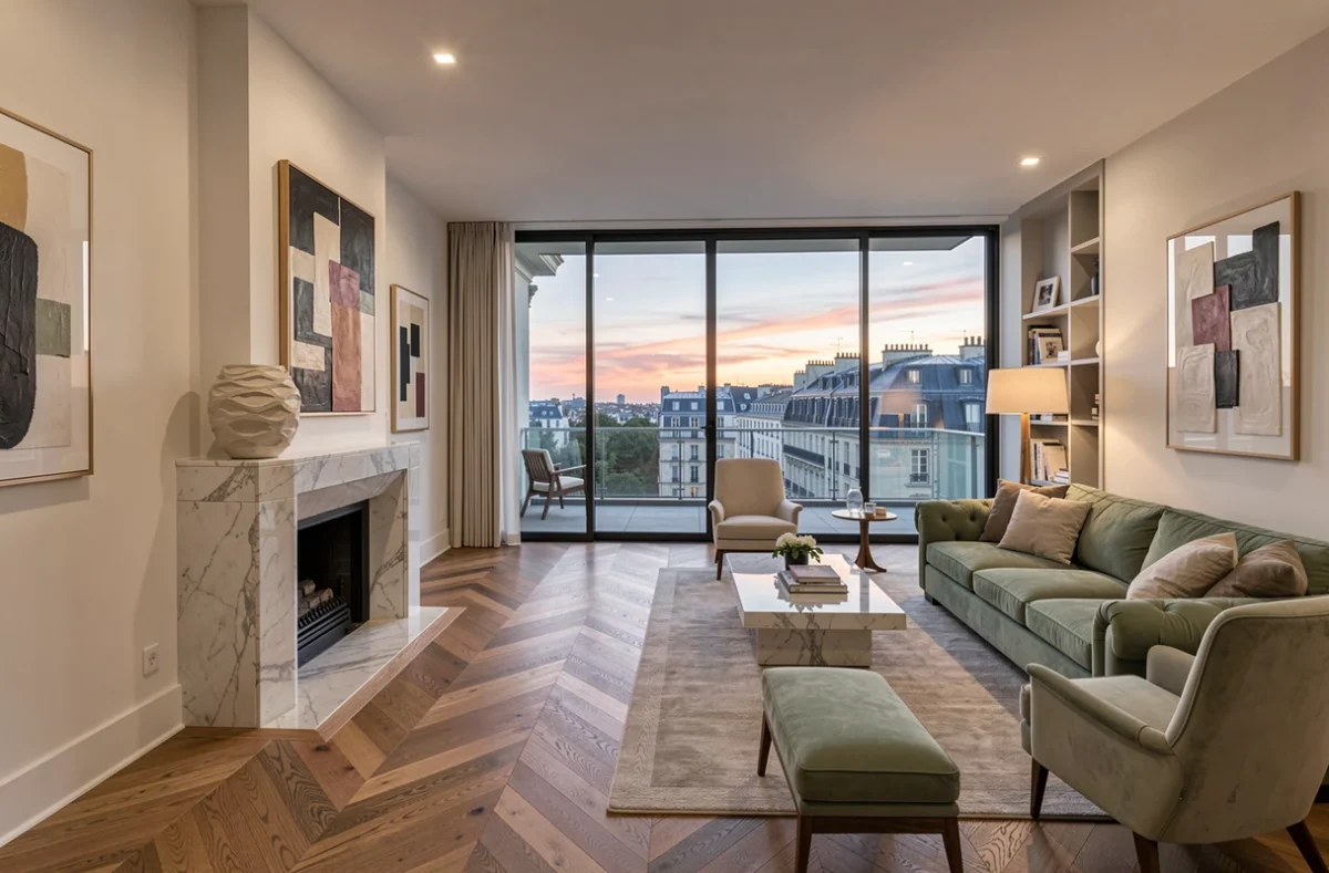 Appartement de prestige à vendre avec vue panoramique sur les toits parisiens, intérieur haut de gamme parquet et marbre