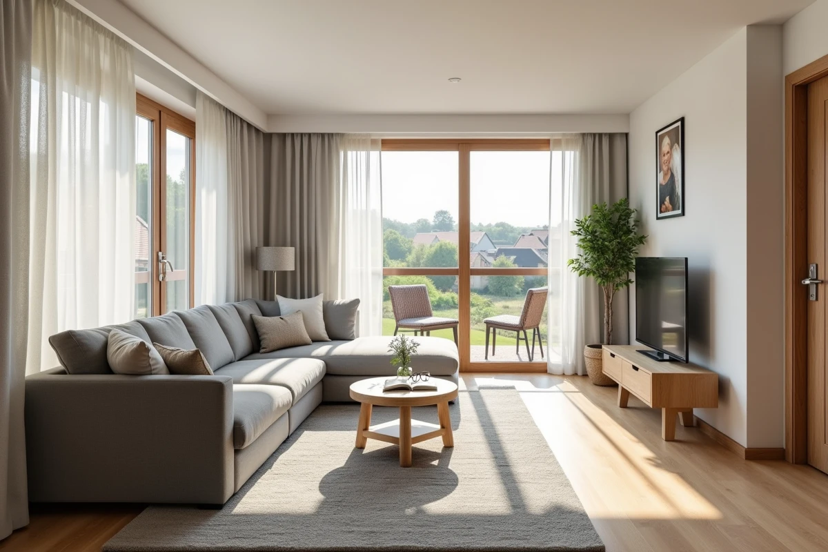 Intérieur lumineux d'un appartement adapté aux retraités à Concarneau avec vue sur les toits bretons
