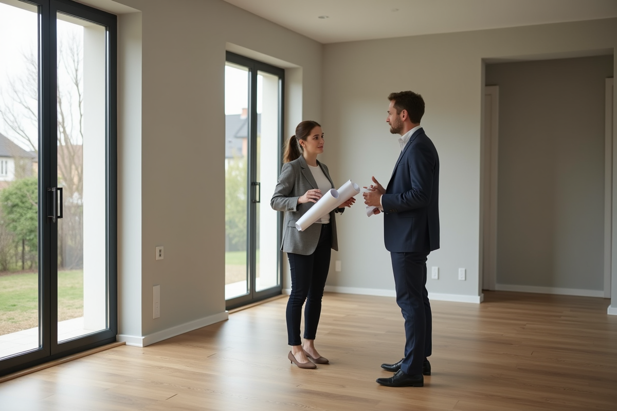 Jeune architecte discutant avec un client dans un salon intérieur