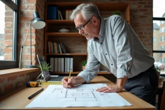 Architecte étudiant des plans de garage sur un bureau en bois pour estimer le prix au m2 d'un projet de construction