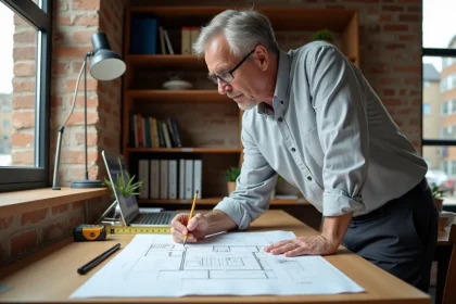 Architecte étudiant des plans de garage sur un bureau en bois pour estimer le prix au m2 d'un projet de construction
