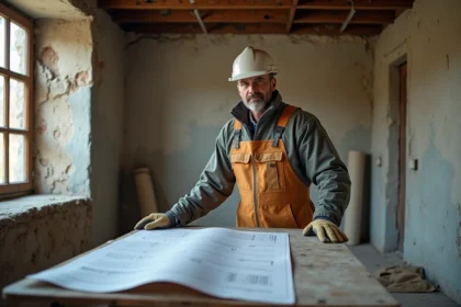 Homme en overalls examine des plans dans une maison en rénovation