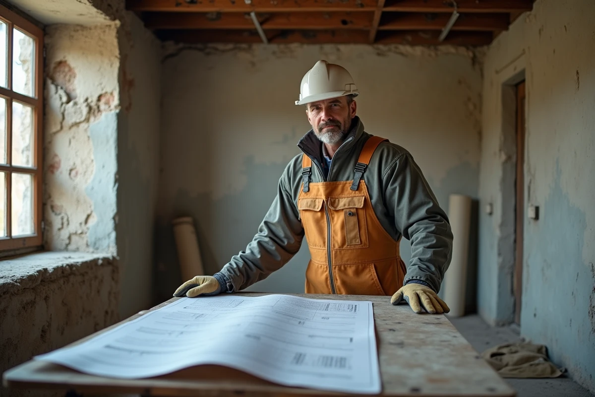 Homme en overalls examine des plans dans une maison en rénovation