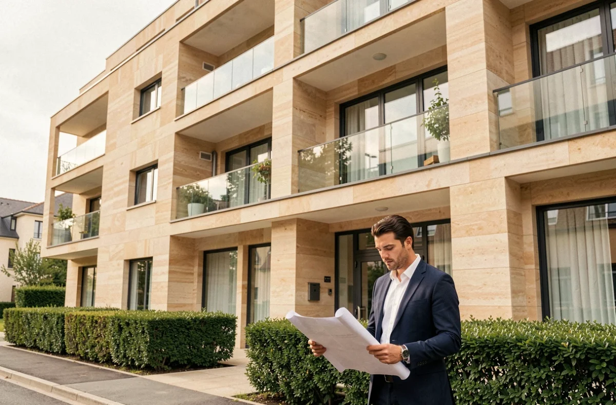 Immeuble résidentiel neuf Bouygues Immobilier à Clermont-Ferrand avec agent immobilier devant la façade en pierre beige