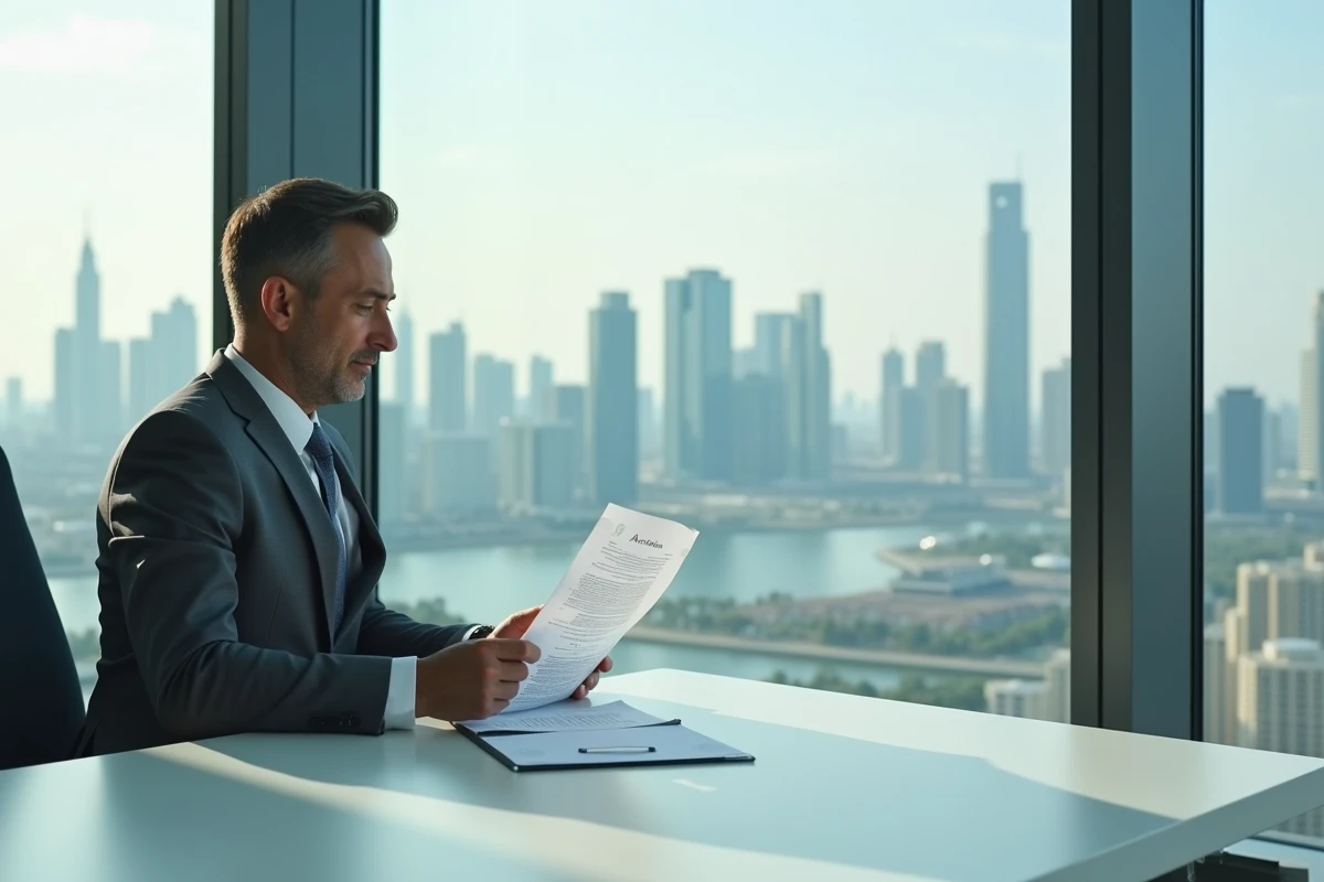 Professionnel en costume travaillant dans un bureau en hauteur à Almas Tower JLT avec vue panoramique sur les lacs et la skyline de Dubaï