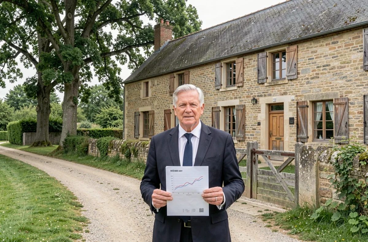 Expert diagnostiqueur immobilier tenant un rapport devant une propriété rurale de la Nièvre