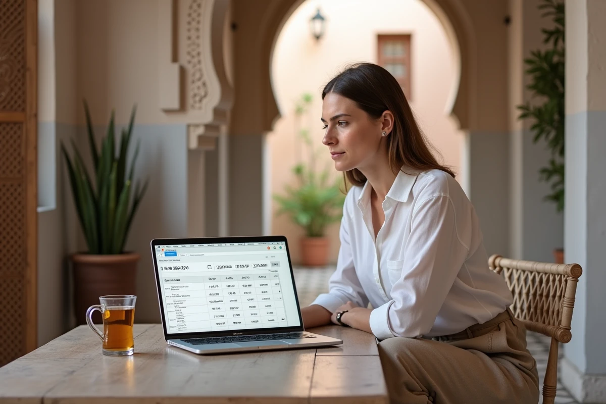Investisseuse européenne calculant la rentabilité locative d'un appartement à Marrakech sur ordinateur