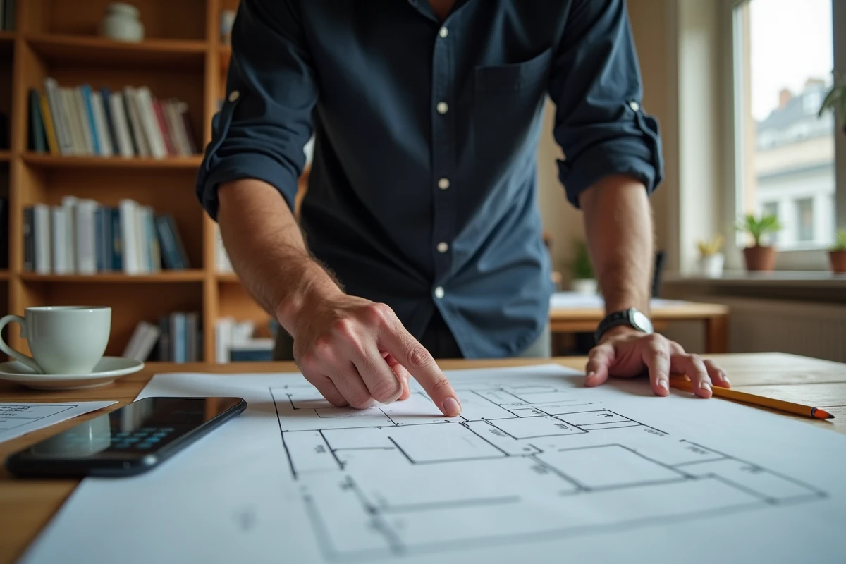 Homme utilisant une calculatrice de surface en m2 sur smartphone avec des plans de pièce irrégulière sur une table