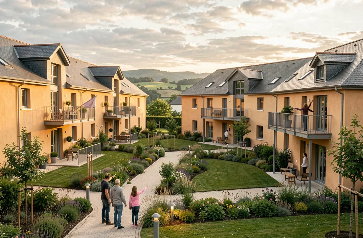 Programme résidentiel Carrere en Auvergne avec famille visitant la cour paysagère d'une résidence aux toits en ardoise