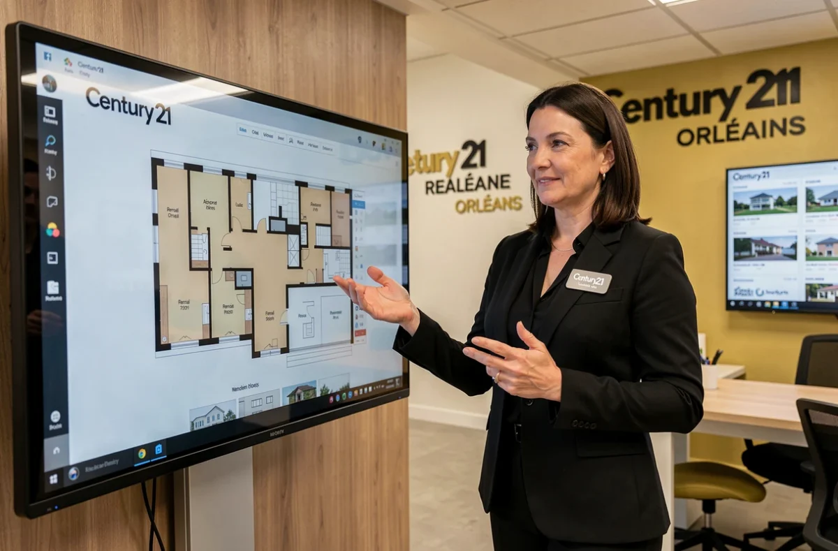Agente Century 21 Orléans présentant un bien en gestion locative sur écran tactile dans l'agence