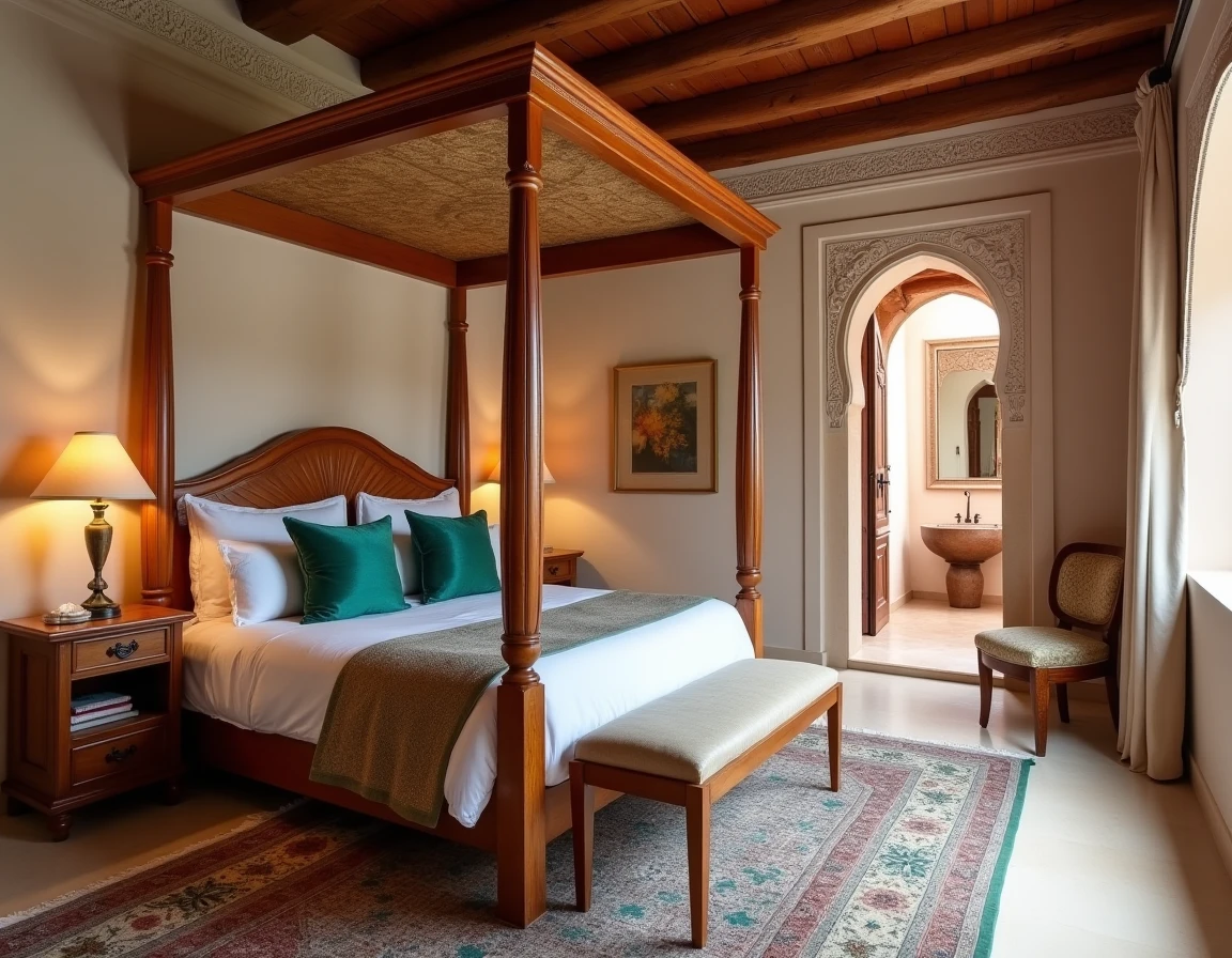 Suite chambre luxueuse d'un riad à Marrakech avec lit en cèdre sculpté et décoration artisanale marocaine pour location touristique saisonnière