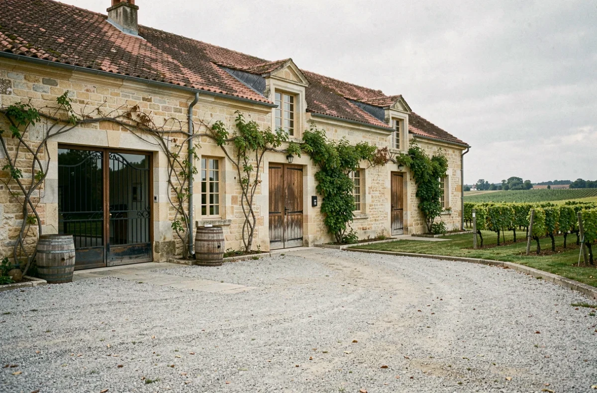 Façade en pierre d'un château viticole bordelais à vendre avec cour en gravier et barriques en bois