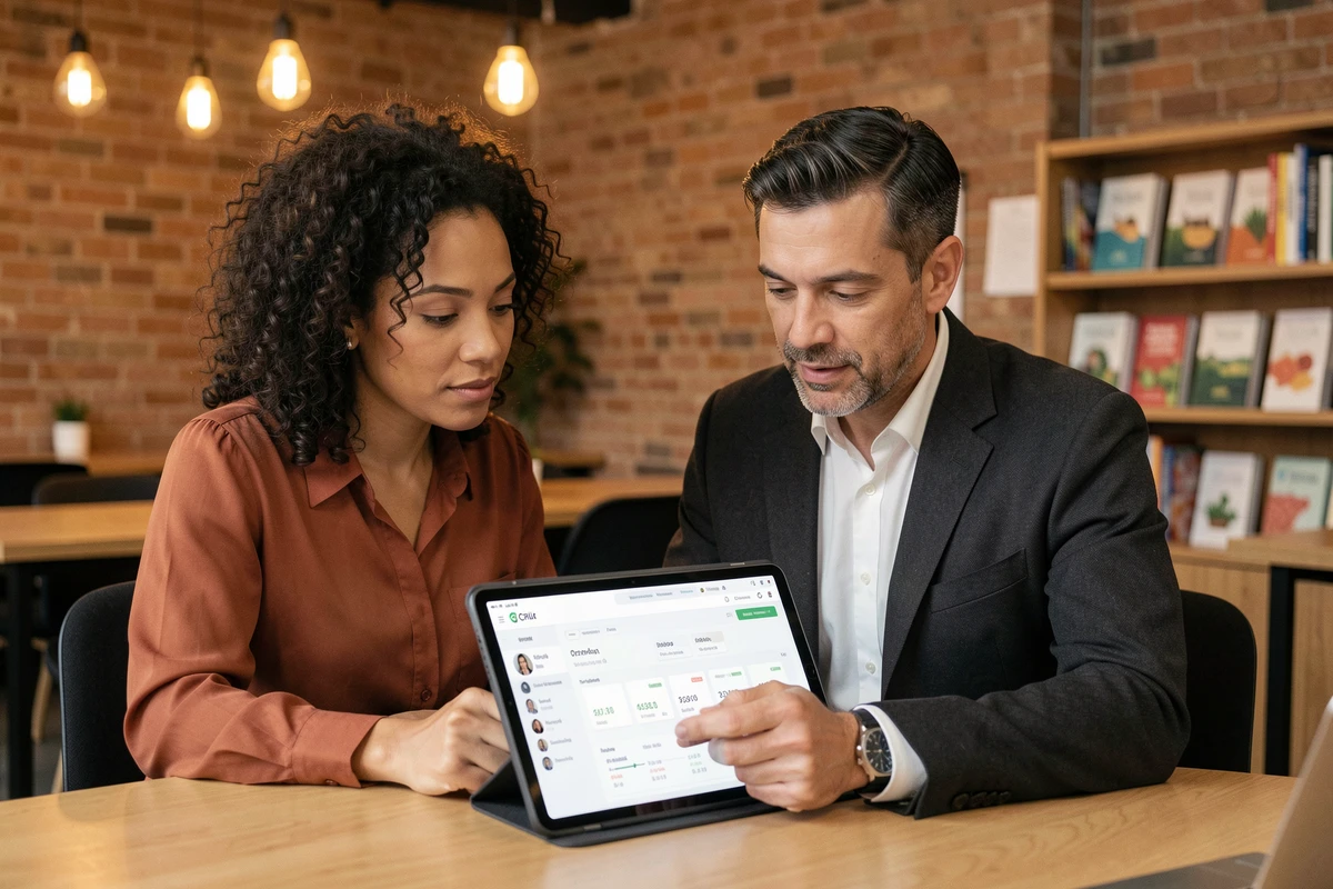 Duo de professionnels collaborant sur une stratégie de prospection digitale via un CRM sur tablette