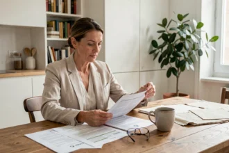 Propriétaire non-occupant comparant les documents d'assurance PNO et multirisque habitation sur une table en bois dans un appartement moderne
