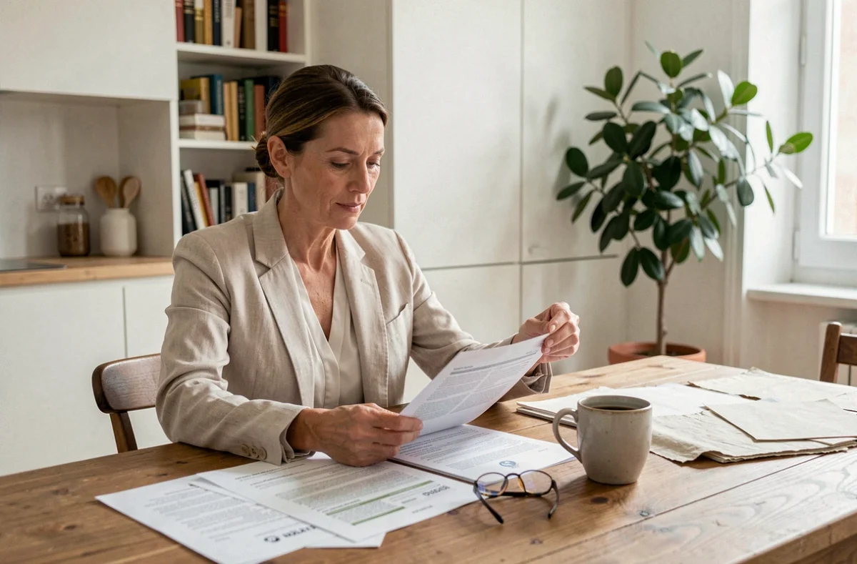 Propriétaire non-occupant comparant les documents d'assurance PNO et multirisque habitation sur une table en bois dans un appartement moderne