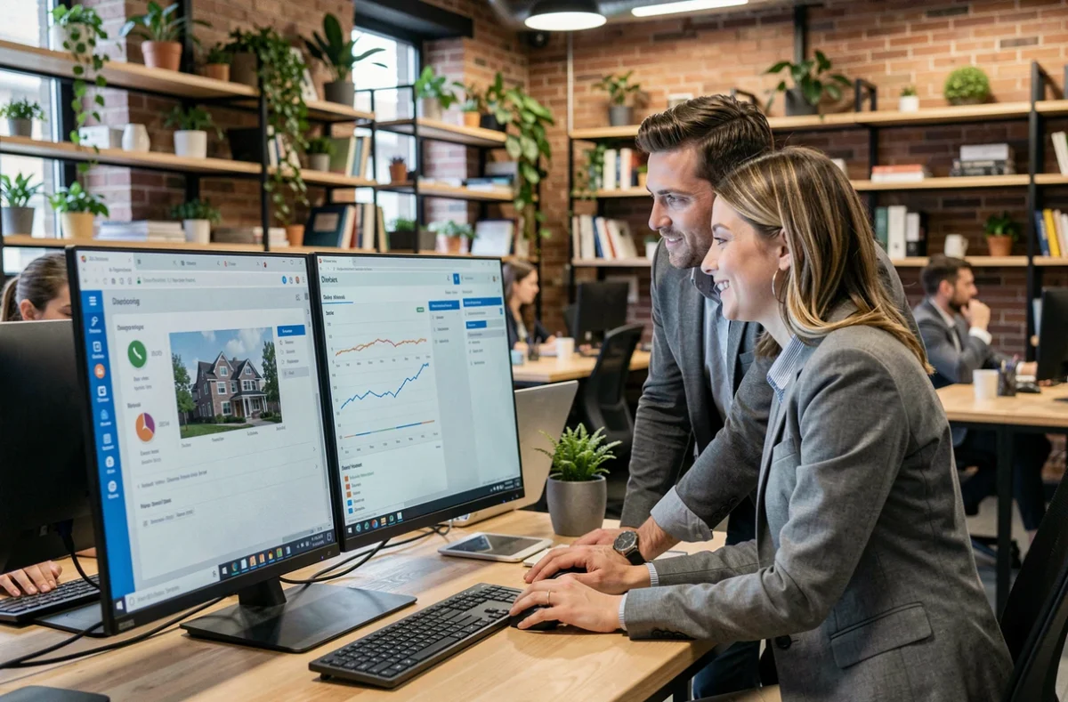 Deux diagnostiqueurs immobiliers en création d'activité comparant des logiciels métier sur un ordinateur dans un espace de coworking