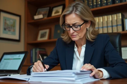 Notaire ou conseillère fiscale vérifiant des documents de TVA pour un marchand de bien dans un bureau professionnel