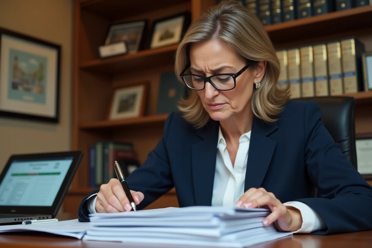 Notaire ou conseillère fiscale vérifiant des documents de TVA pour un marchand de bien dans un bureau professionnel