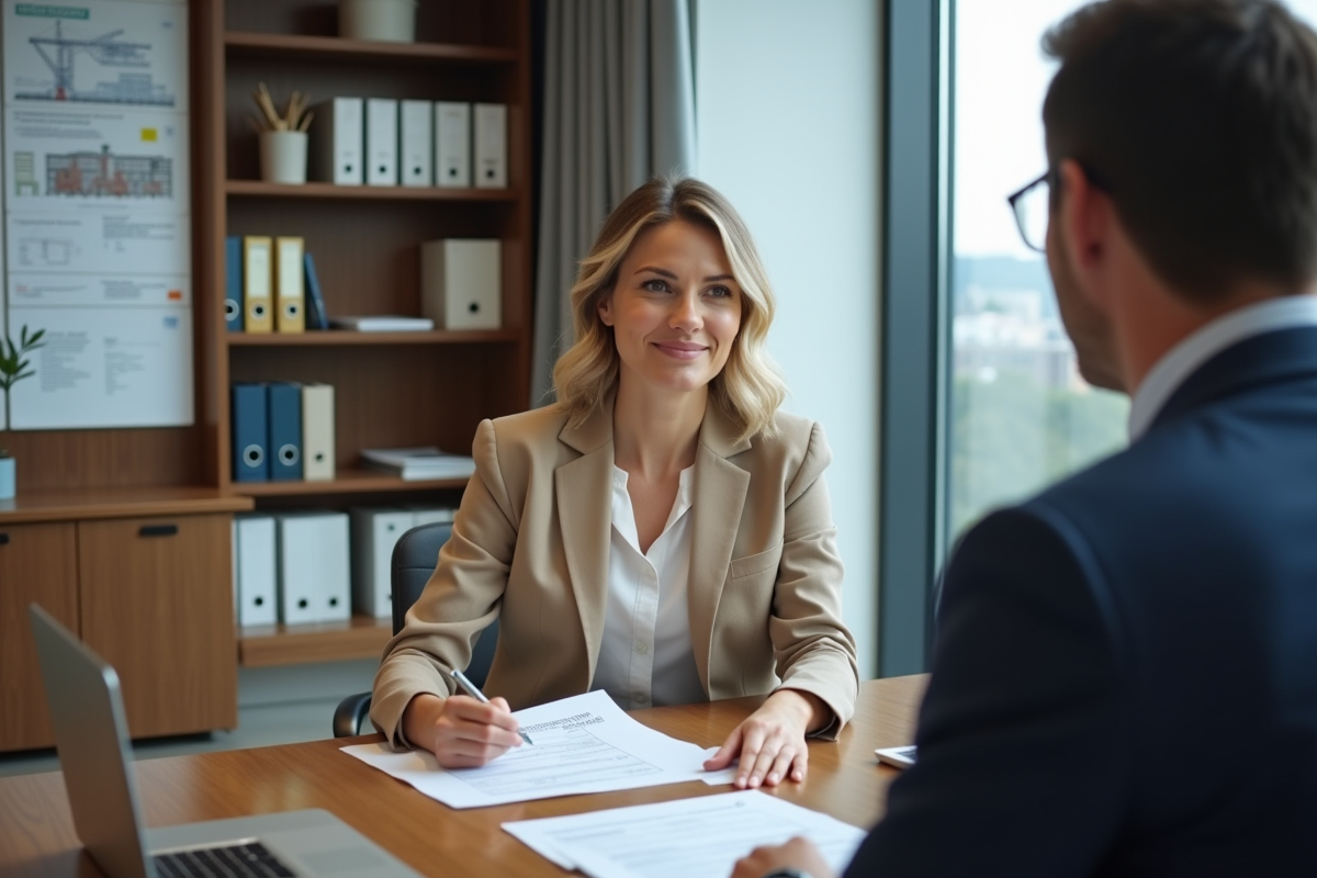 Conseillère en assurance expliquant documents à des clients