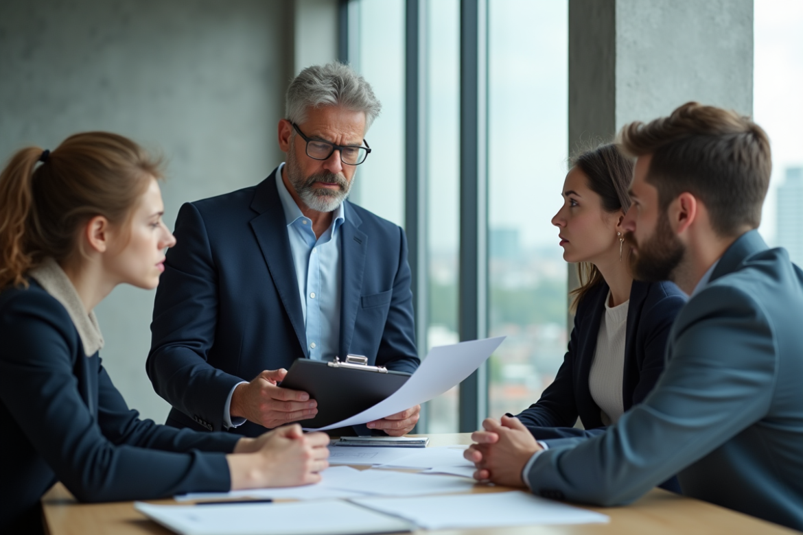 Consultant expliquant des documents à un couple en bureau moderne