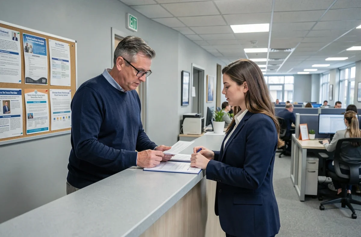 Homme en consultation avec une assistante sociale dans une agence de logement social en France