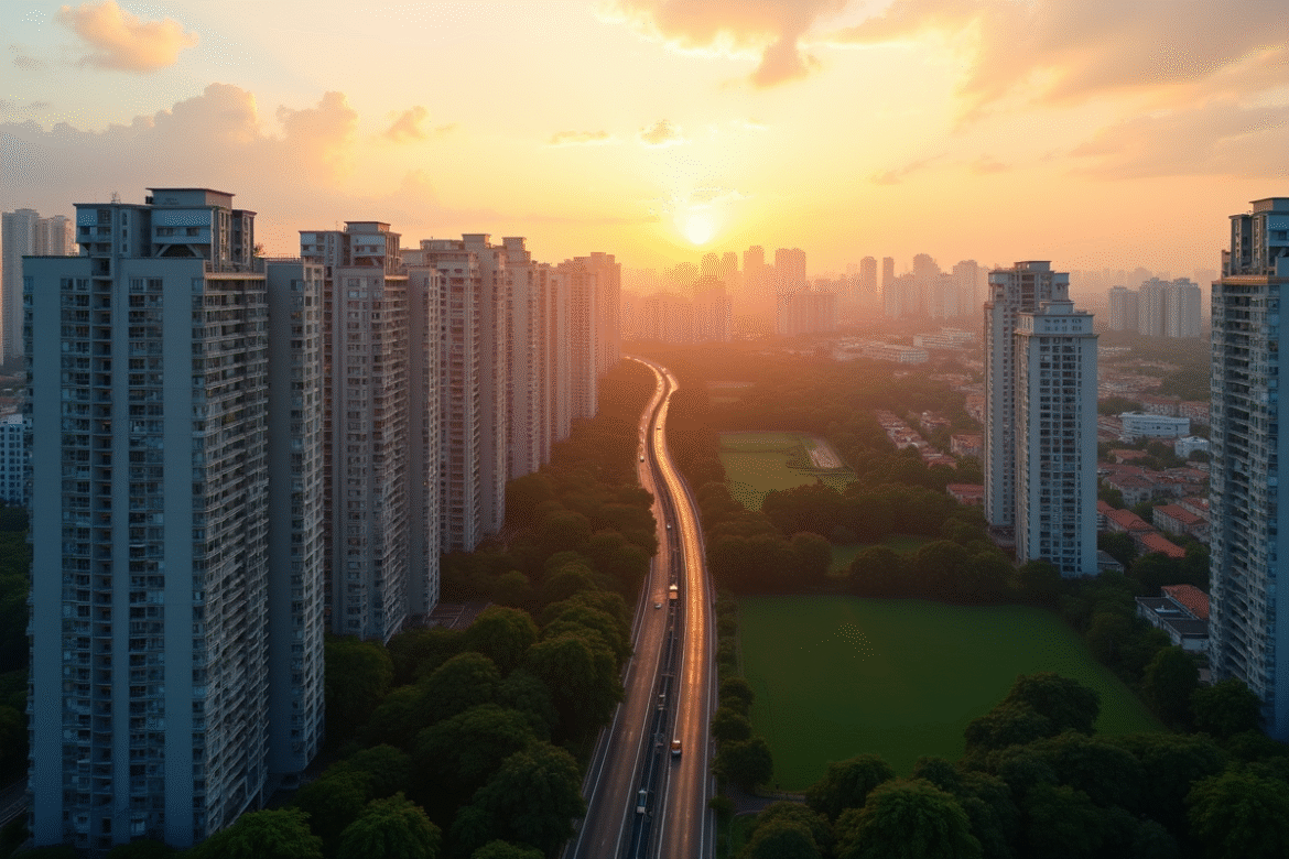 Ville en périphérie au lever du soleil avec immeubles et nature