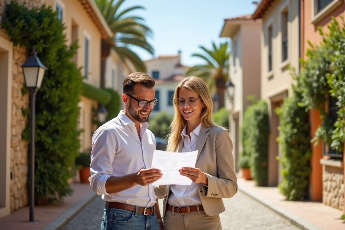 Couple examinant des documents immobiliers dans une rue résidentielle du quartier Fabron à Nice, avec des façades méditerranéennes et des palmiers en arrière-plan