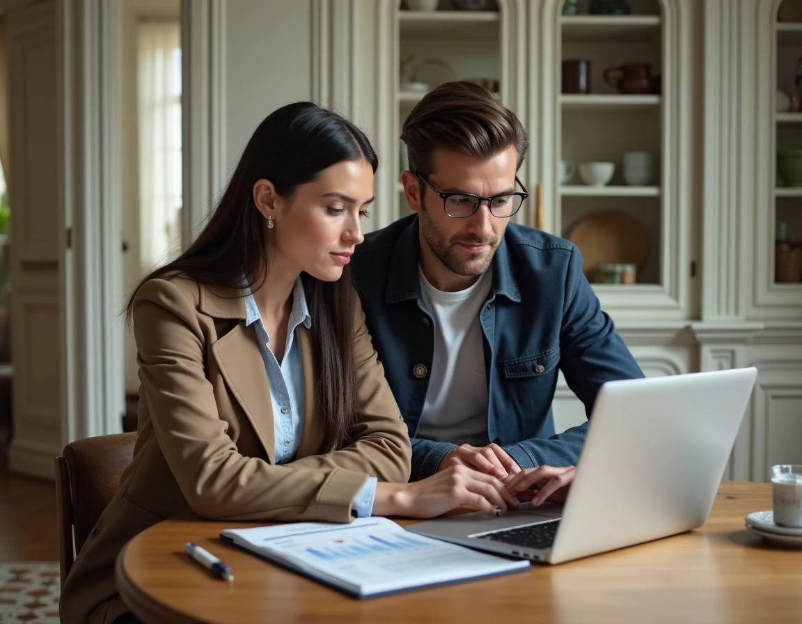 Couple analysant les prix du marché immobilier pour négocier l'achat d'un appartement haussmannien à Paris